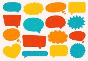 Set of speech bubbles in various shapes. Crayon communication frames in yellow, orange, red, and teal colors. Dialogue clouds and chat icons with grunge texture. Hand-drawn text boxes for cards. vector