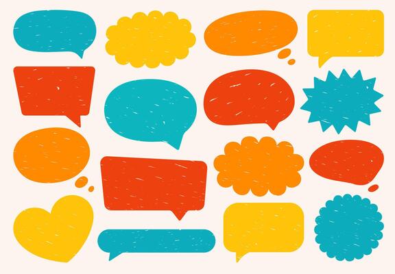 Set of speech bubbles in various shapes. Crayon communication frames in yellow, orange, red, and teal colors. Dialogue clouds and chat icons with grunge texture. Hand-drawn text boxes for cards.