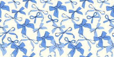 A variety of blue bows on a white background. Hand-drawn groovy pattern. Simple and childish background with bows. Playful and whimsical design. Trendy hair braiding accessory. vector
