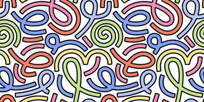 Vibrant and dynamic seamless memphis pattern with colorful swirling loops and curved lines. Perfect for use in wallpapers, or wrapping paper. Simple and childish scribble pattern design. vector
