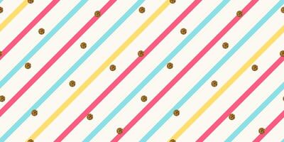 Fun pattern with oblique stripes. Green, pink, and yellow lines on white. Metallic gilded texture. Simple childish backdrop. Design for cards, party invitations, packaging, and surface design. vector