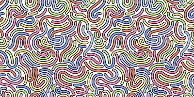 Vibrant and dynamic seamless Memphis pattern with swirling loops and curved lines. Wavy and swirled brush strokes. Thick and bold textured curved lines. Simple and childish scribble pattern design. vector