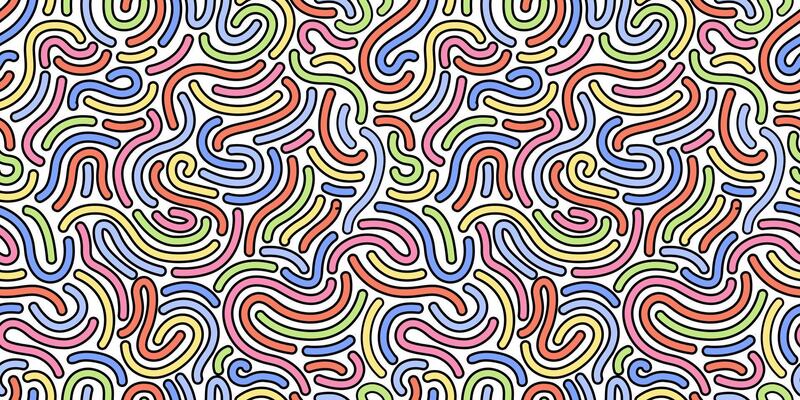 Vibrant and dynamic seamless Memphis pattern with swirling loops and curved lines. Wavy and swirled brush strokes. Thick and bold textured curved lines. Simple and childish scribble pattern design.
