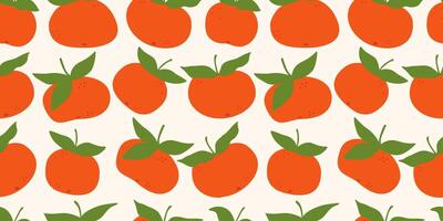 Tropical seamless pattern with tangerine and leaves. Hand-drawn oranges pattern on a white background. Wallpaper with mandarins. Hello Summer. Good for fabric, textiles, and printing. vector