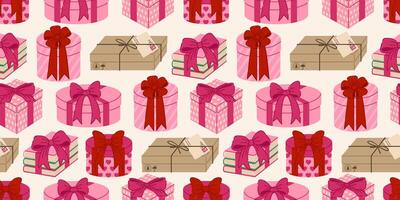 Seamless pattern with wrapped gifts in shades of pink and red, perfect for Valentines Day. Gift boxes with bows. Ideal for backgrounds, greeting cards, and wrapping paper designs vector