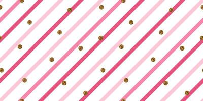 Fun pink pattern with oblique stripes. Metallic gilded confetti. Simple girly backdrop. Birthday background. Design for cards, wedding parties, invitations, packaging, textiles, and surface design. vector