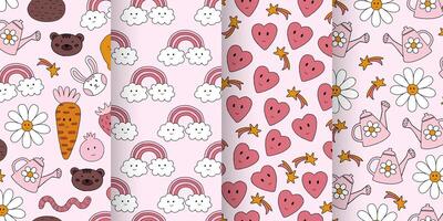 Soft pink childrens pattern set with rainbows, clouds, hearts, daisies, and cute characters bears and bunnies. For childish fabric, textile nursery decor, and wrapping paper. Kawaii backgrounds. vector