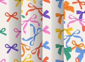 A contemporary pattern set with various rainbow bowknots. Four groovy backgrounds in Y2K style. LGBT-friendly. Ribbon bundle. Hair braiding accessory. Ideal for wrapping paper and textiles. vector