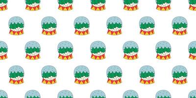 Seamless Christmas pattern featuring snow globes with festive trees inside.The design repeats as a seamless pattern on the right. Perfect for holiday cards and seasonal decor. New Year. vector