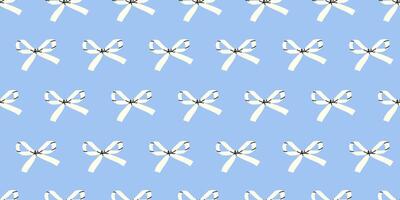 Contemporary white bow knots on a blue background. Hand-drawn groovy pattern. Simple and childish background with bows. Playful and whimsical design. Trendy hair braiding accessory. vector