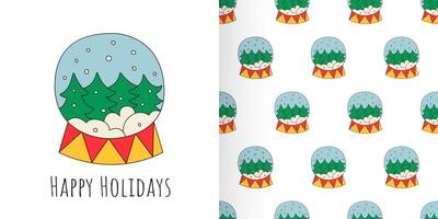 Festive card of a snow globe with evergreen trees inside, paired with the message Happy Holidays. The design repeats as a seamless pattern on the right. Perfect for holiday cards and seasonal decor. vector