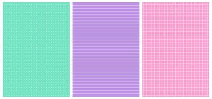 Checkered, lined, and dotted vertical-shaped pages in purple, mint, and pink colors. Perfect for backgrounds, stationery, scrapbooking, or creative projects. Notebook sheets with grid. Set of pages. vector
