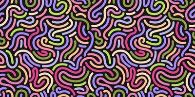 Rainbow linear pattern on a black background. Memphis style. Funky confetti background. 80s birthday. Donut glaze dessert backdrop. Curved lines. Celebration design. Wrapping paper. Fabric design. vector