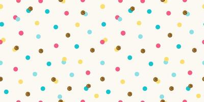Fun colorful dots seamless pattern. Green, pink, and yellow dots on white. Metallic golden texture. Simple childish backdrop. Design for cards, party invitations, packaging, and surface design. vector