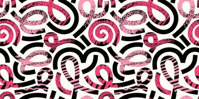 A seamless doodle-style pattern. Abstract textured grunge background consisting of pink and black swirling lines. Punk style. Ideal for banner design, postcards, advertising, and textile design. vector