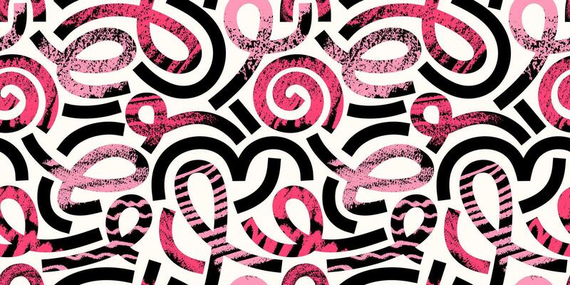 A seamless doodle-style pattern. Abstract textured grunge background consisting of pink and black swirling lines. Punk style. Ideal for banner design, postcards, advertising, and textile design.