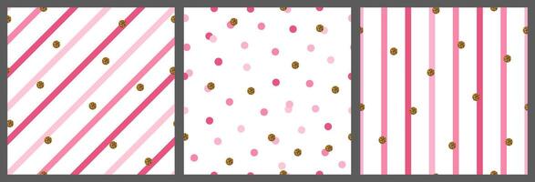 Vibrant set of three pink birthday patterns featuring diagonal, vertical stripes, and polka dots. Accented with gold glitter circles. Perfect for festive wrapping paper, invitations, ads, and cards. vector