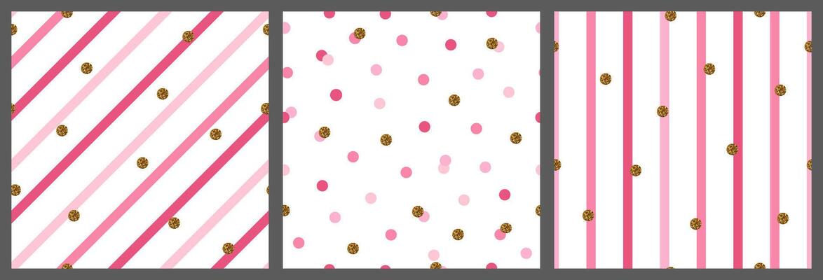 Vibrant set of three pink birthday patterns featuring diagonal, vertical stripes, and polka dots. Accented with gold glitter circles. Perfect for festive wrapping paper, invitations, ads, and cards.