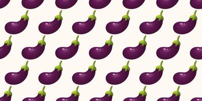 Seamless pattern featuring glossy purple eggplants with green stems on a light background. Perfect for food-related designs, healthy eating themes, vegan concepts, agriculture, and culinary projects. vector