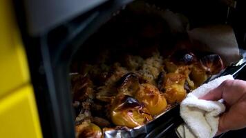 Cook sprinkles paprika on duck or goose stuffed with apples and lemon. Cooking fried poultry. Carcass of a raw duck or goose is sprinkled with spices before baking. Process of cooking duck with apples video