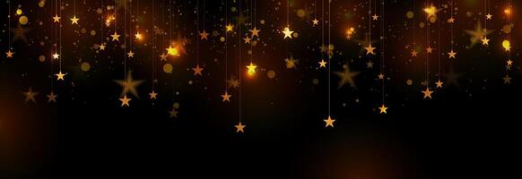 Glowing golden hanging stars and shiny particles abstract background vector