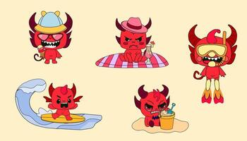 Cute devil characters enjoying a fun summer beach holiday, relaxing and playing in a whimsical and playful style vector