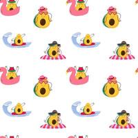 Seamless pattern with cartoon avocado characters in fun summer poses vector