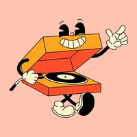 Groovy retro cartoon record player character with vinyl, spinning tunes in a fun and nostalgic vintage style vector