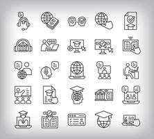 Graduation cap, mock test, online book and certificate design. Simple 25 linear online education icons set. vector