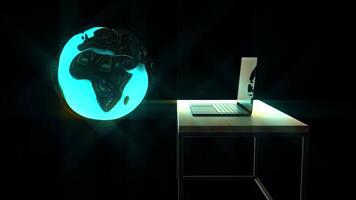 Laptop on a Table with Earth Sphere Technology Background 3D Rendering video