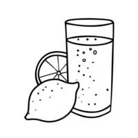 Lemonade Glass with Lemon Fruit. Summer refreshment beverage illustration isolated on a white background. Black and white outline drawing in Doodle style. Ideal for beverage branding, restaurant menus vector