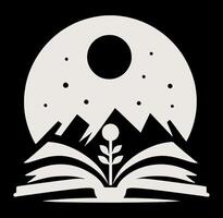 Open book with mountains and a moon in the background vector