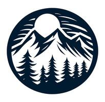 Mountains and trees in a circle with a sun in the background vector