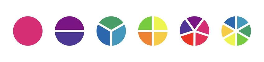 Donut charts segmented on from 1 to 6 equal parts. Diagram infographic multicoloured. Wheel divided in sections. Circle section graph. Pie, pizza chart round icon layout. Loading bar minimalist mockup vector