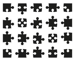 Set of black minimalist pieces puzzle icon. Jigsaw puzzle pieces simple silhouette template. Jigsaw puzzle mockup for concept illustrations. Puzzle isolated on a white background. vector