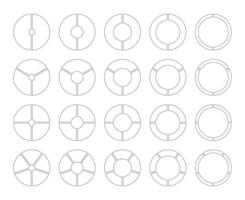 Circle division on 2, 3, 4, 5 equal parts. Wheel round divided black diagrams with segments. Pie, pizza chart icon. Set of infographics. Coaching blanks. Section graph line art. Outline donut charts. vector