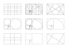 Golden ratio templates. Method golden section patterns. Fibonacci array, numbers shapes. Harmony proportions forms. Outline graphic illustration. Minimalist printable mockups. vector