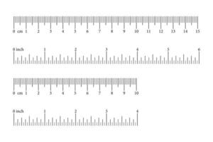 Ruler scales 4, 6 inches, 10, 15 centimeters, markup, numbers. Measuring sticks. Distance, height, length measurement, sewing tool black mockup. Measuring chart, metric, imperial units icon template. vector