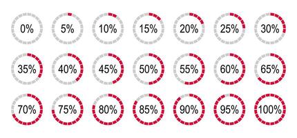 Round diagrams icons from 0 to 100 percent. Percentage elements for infographics. Red, grey color fill divided on equal parts pie charts indicator layout. Circle graph loading progress minimal mockup. vector