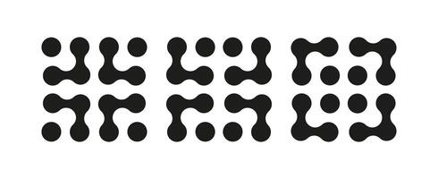 Metaball dot icons mockup. Connected circle shapes sign. Abstract integration symbols. Minimal patterns. Point movement. Morphing blobs. Metaballs transition. Logo, sticker layout. Web design element. vector