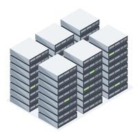 Isometric illustration of a modern server room with multiple data center racks isolated on white background for IT infrastructure concept vector