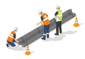 Construction workers inspecting and checking bundled steel rebar at the construction site for quality assurance and inventory control isolated isometric vector