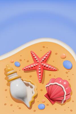 3D starfish and seashells on summer beach