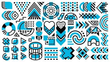 Abstract blue and black geometric Memphis design elements. Simple, flat modern shapes and figures. vector