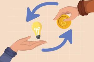 Exchanging Ideas for Funding Hand Giving a Light Bulb Idea in Return for a Gold Dollar Coin in a Circular Transaction vector