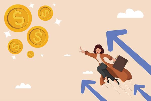 Businesswoman Flying Towards Financial Success with Arrows Pointing Upward and Gold Coins in the Sky.