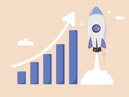 Business Growth Rocket Launch Bar Chart Rising with Upward Arrow and Space Rocket Takeoff Concept. vector