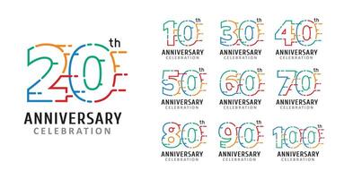 Set of anniversary design colored lines number vector