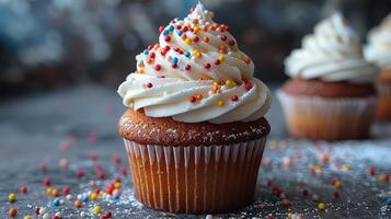 Delicious cupcake topped with swirls of frosting and colorful sprinkles photo