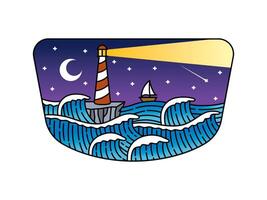 Ocean waves and lighthouse at night in frame vector